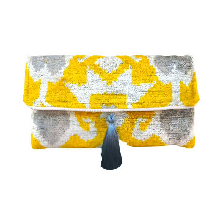 Silk Velvet Ikat Clutches - Yellow, Silver