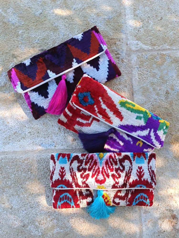 Silk Velvet Ikat Clutches - Pink Eye