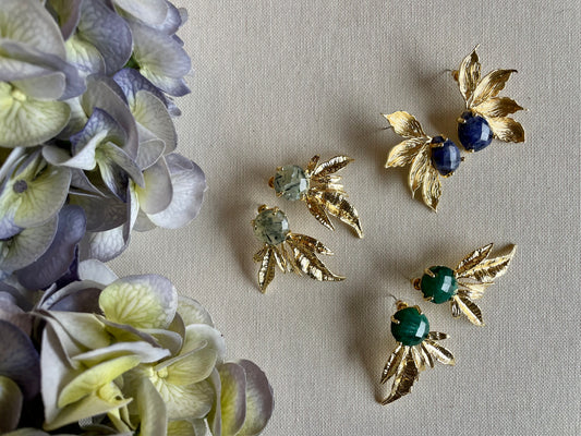 Brass Half Flower Stud Earrings with Green Emerald Root Stones