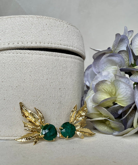 Brass Half Flower Stud Earrings with Green Emerald Root Stones