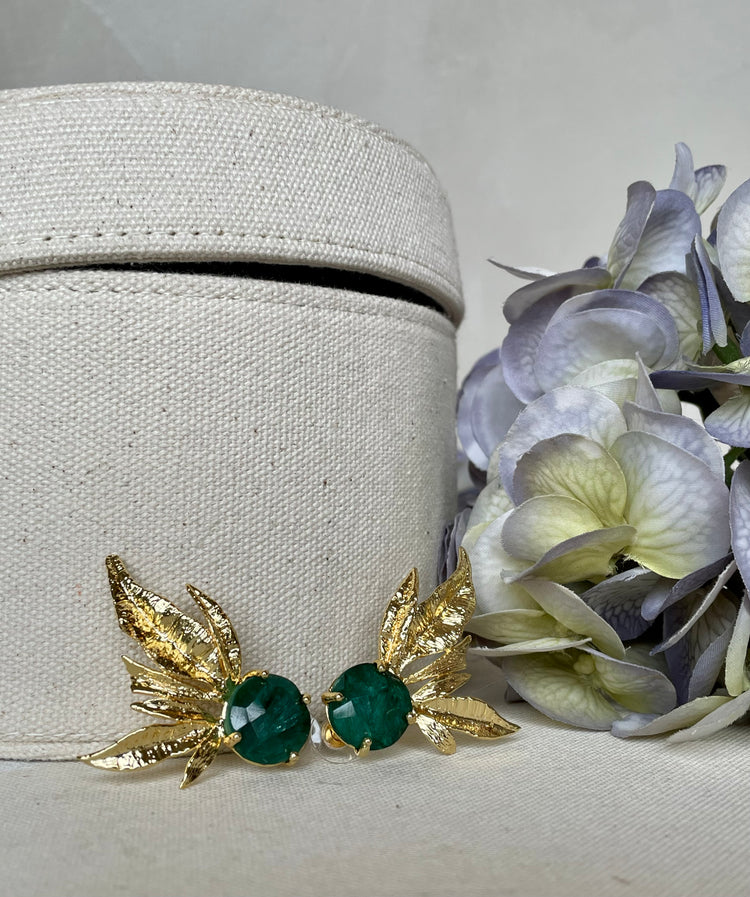 Brass Half Flower Stud Earrings with Green Emerald Root Stones