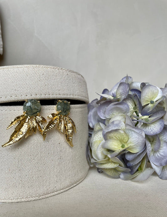 Brass Half Flower Stud Earrings With Labradorite Stones