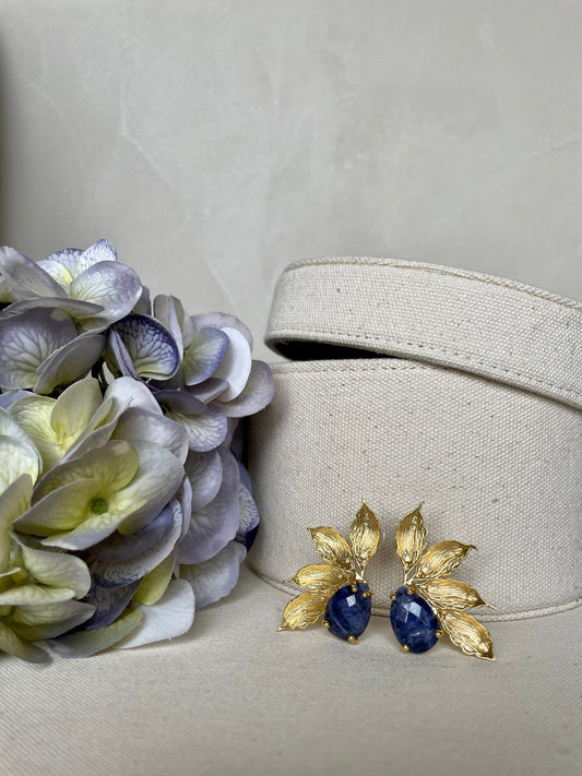 Brass Half Flower Stud Earrings With Blue Sapphire Stones