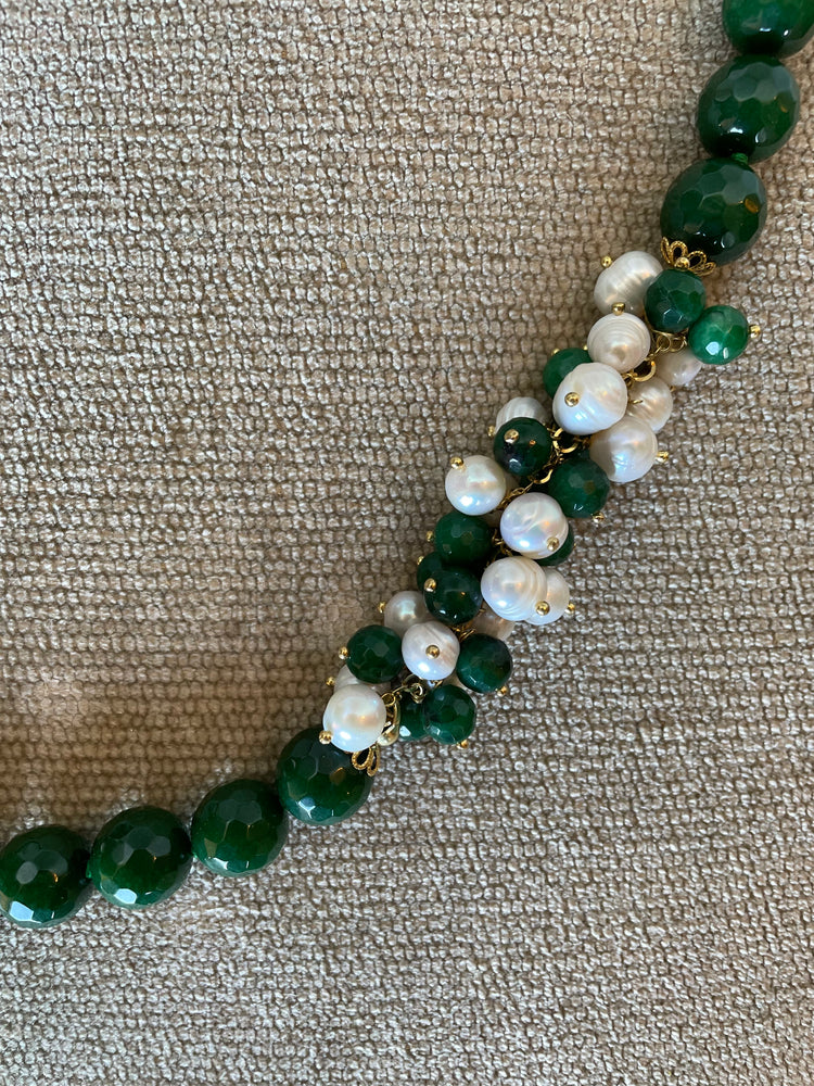 Long Necklace With Green Stones & Fresh Water Pearls