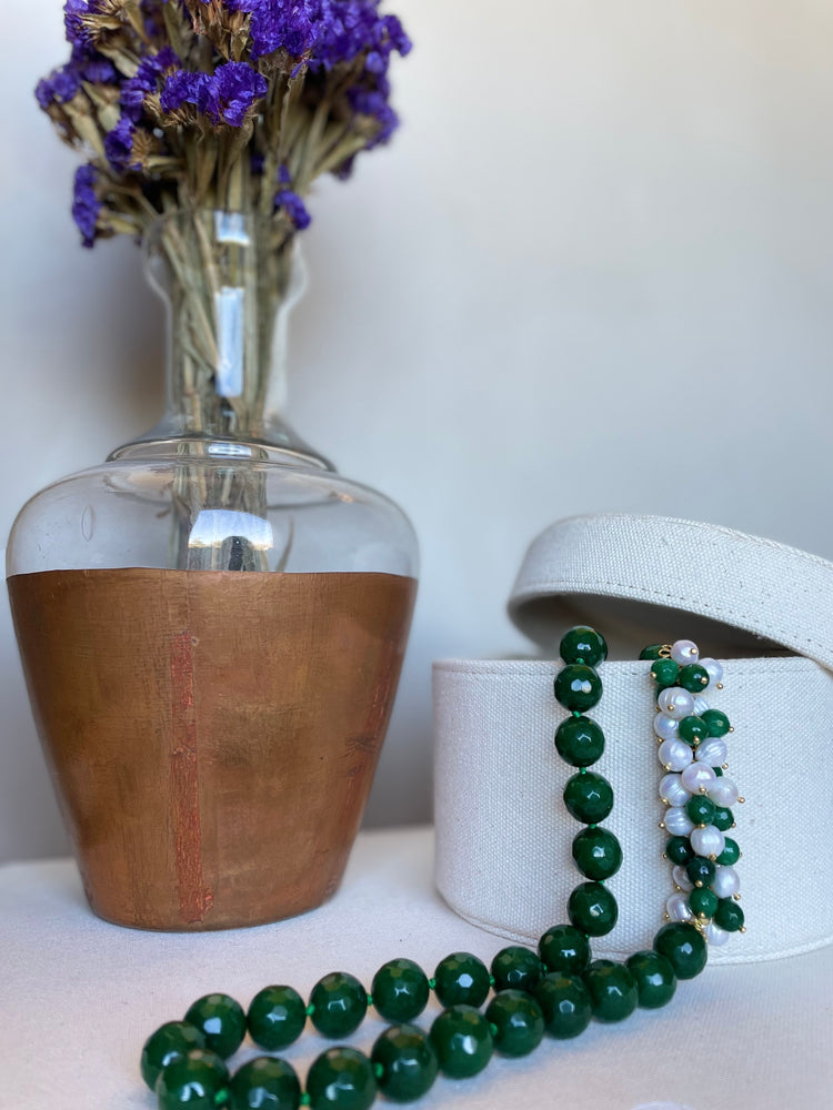 Long Necklace With Green Stones & Fresh Water Pearls