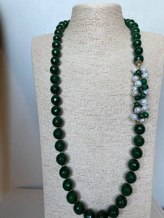 Long Necklace With Green Stones & Fresh Water Pearls