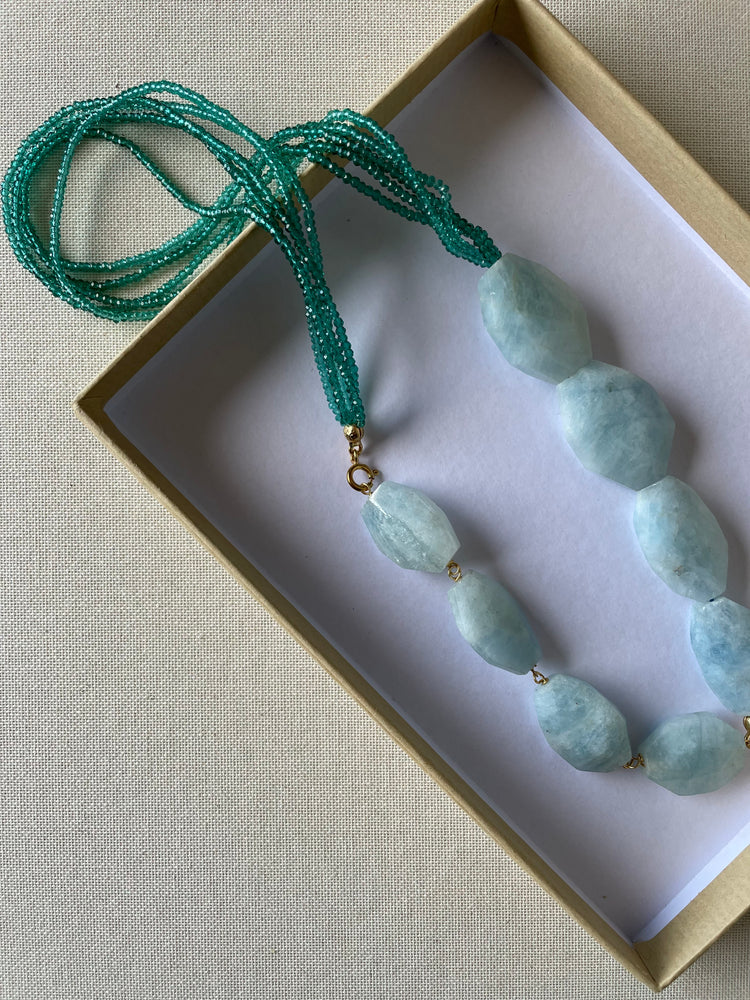 Multi Strand Necklace With Blue Zircons & Aquamarine Stones