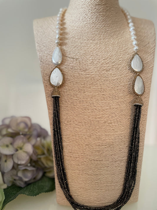 Multi Strand Necklace With Grey Crystals & River Pearls